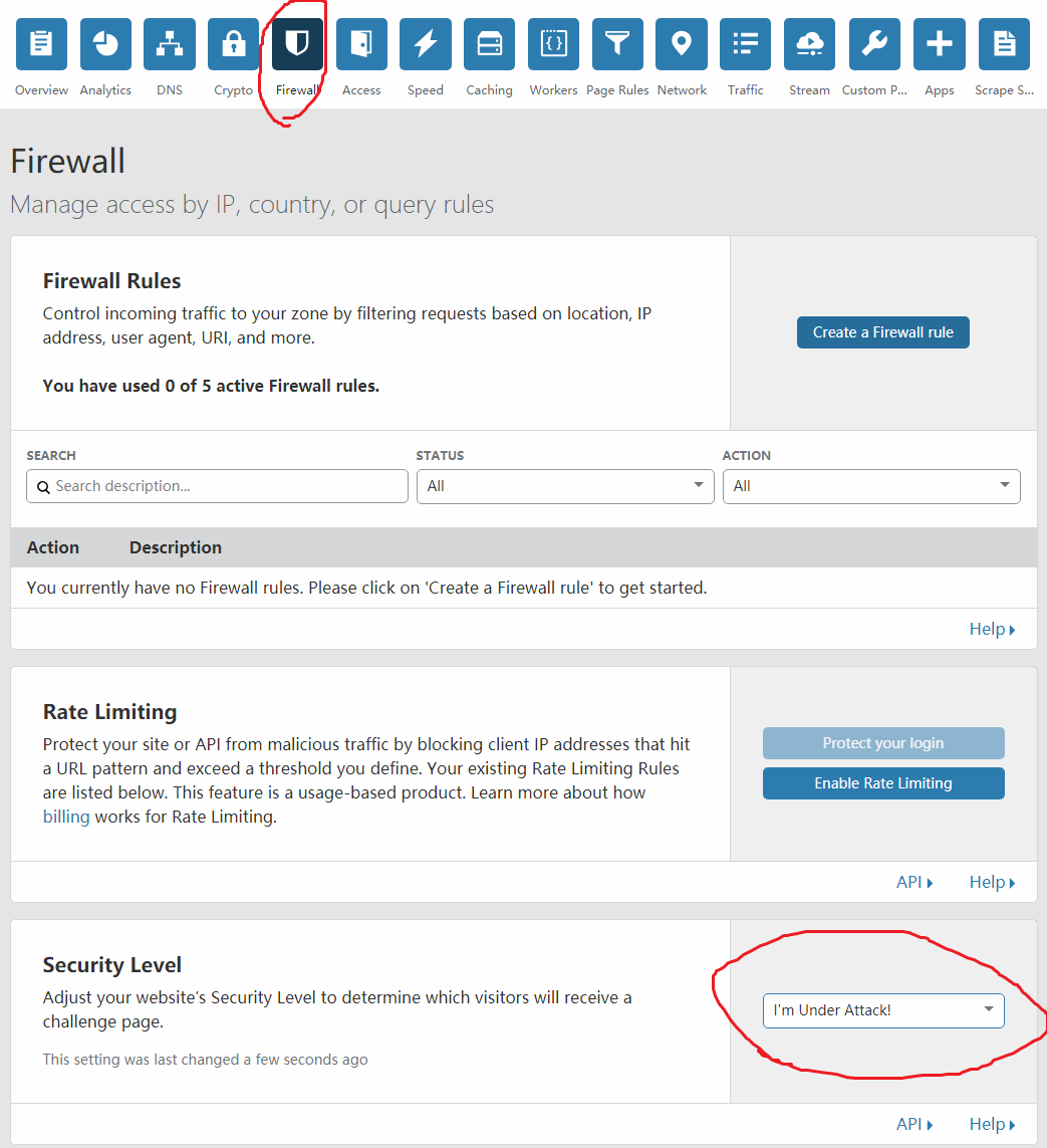 CloudFlare CDN免费版开启5秒盾防护的菜单位置
